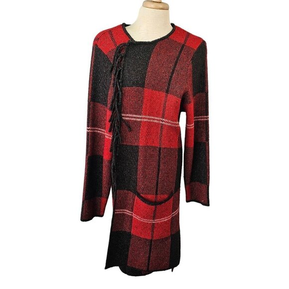 Adrienne Vittadini Long Open Cardigan Sweater Fringed Black Red Plaid Womens 2X - Picture 1 of 10